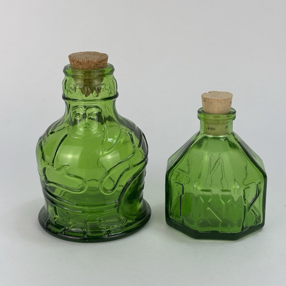 Wheaton Green Glass Bottles Lot of 2 Ink Pocahontas Indian Herbs MCM Decor